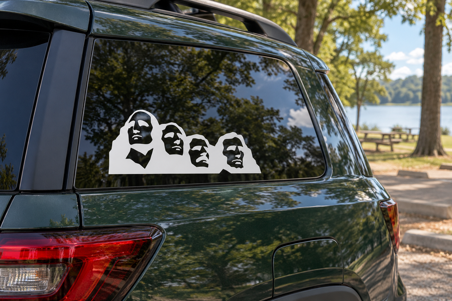 Car window vinyl decal with four white rock-profile faces in a row