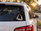 Vinyl gateway arch decal on car rear side window, black outline with white fill