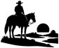 Vinyl decal with black cowboy on horse and circular sunset silhouette
