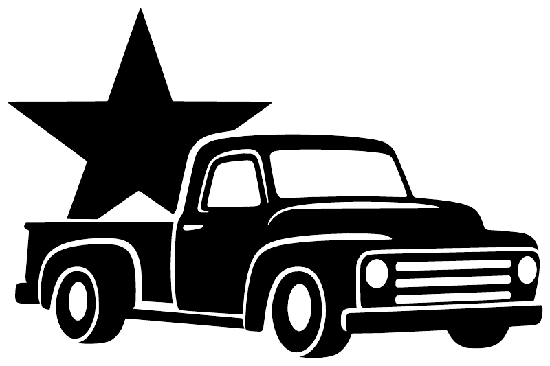 Black star and pickup truck vinyl decal with white outline