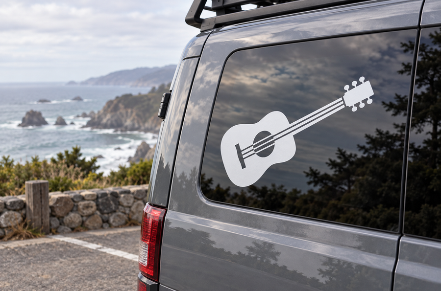 American Icon acoustic guitar vinyl decal in white on car window