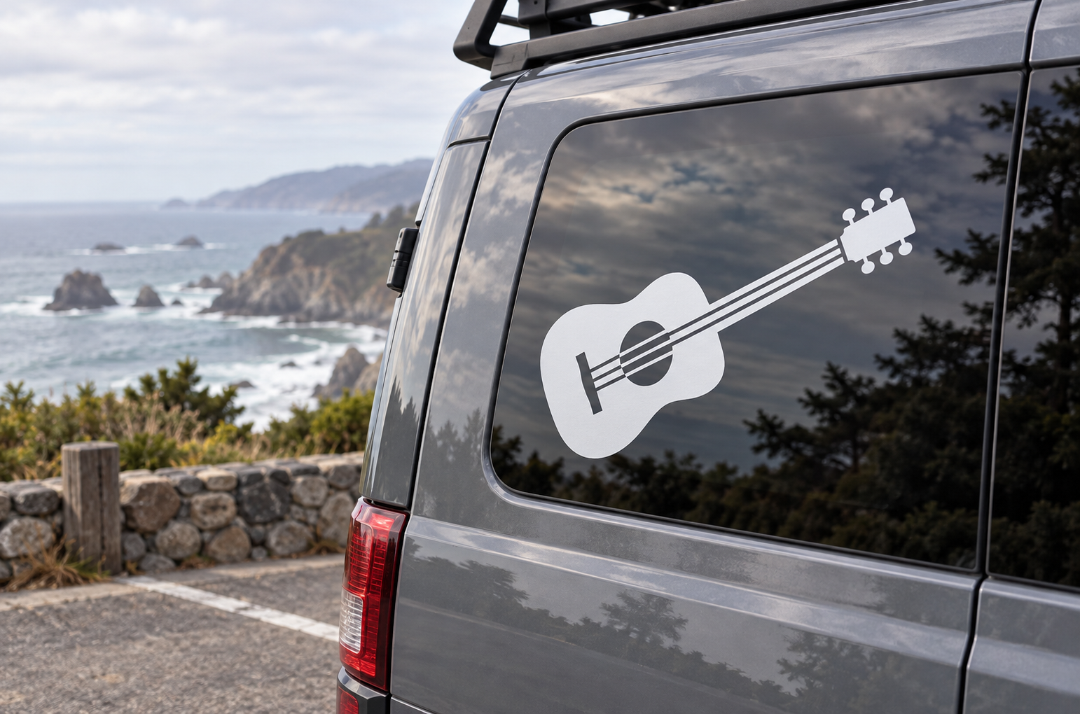 American Icon acoustic guitar vinyl decal in white on car window