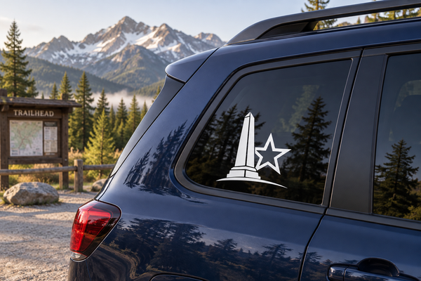 American Icon monument and star vinyl decal on car side window, white and dark graphic