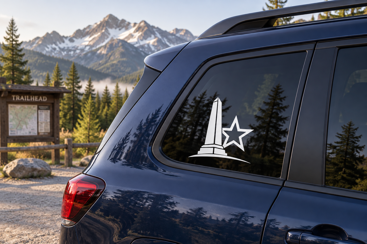 American Icon monument and star vinyl decal on car side window, white and dark graphic