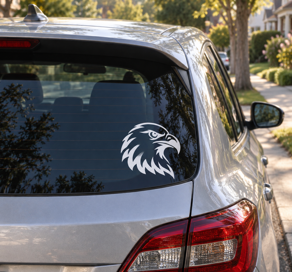 Vinyl bald eagle head decal for car window, white and black