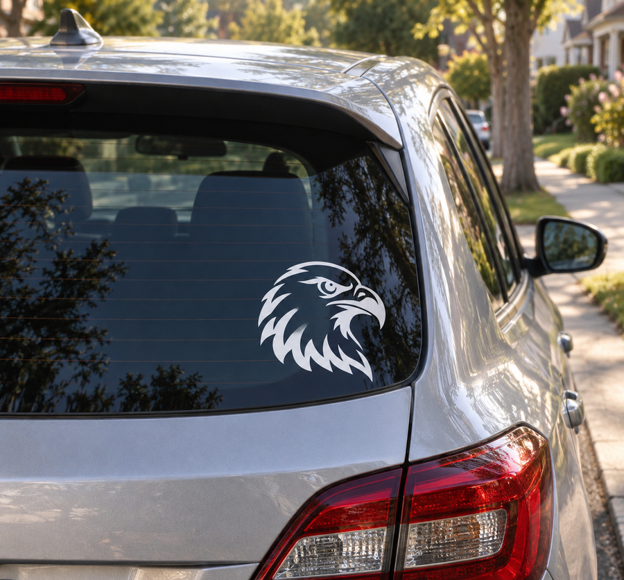 Vinyl bald eagle head decal for car window, white and black