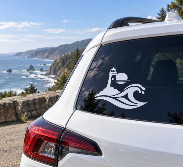 Car rear window lighthouse and waves vinyl decal, black-and-white silhouette.
