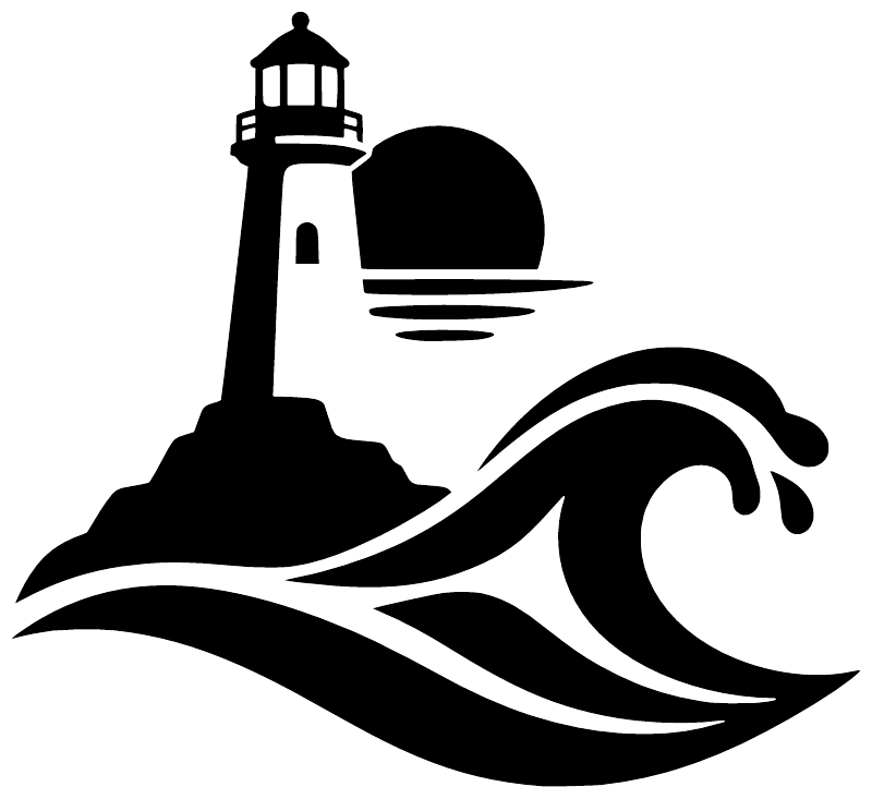 Lighthouse with waves vinyl decal, bold black icon with white highlights.