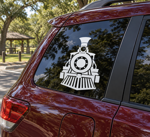 Steam locomotive vinyl decal on car window, black and white train engine icon