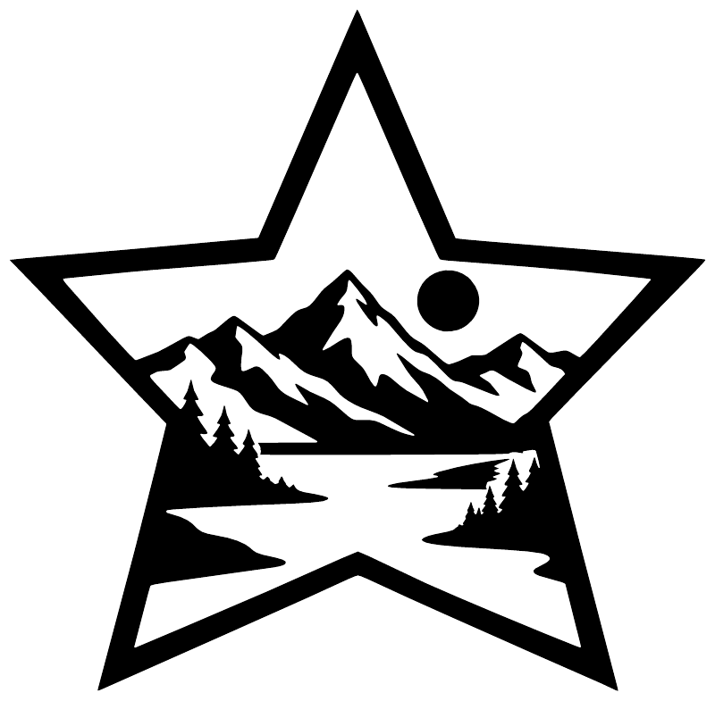 Mountain star vinyl decal graphic with white border, black mountains, pine trees, and sun