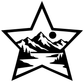 Mountain star vinyl decal graphic with white border, black mountains, pine trees, and sun