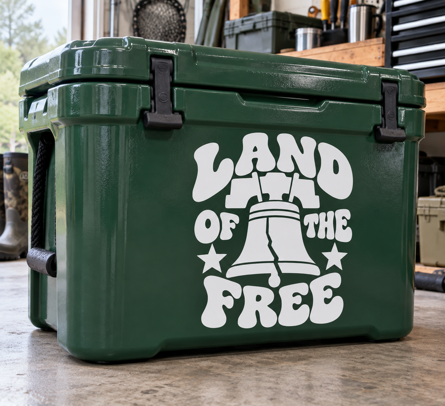 Green container with white "LAND OF THE FREE" vinyl decal, bell and star graphic