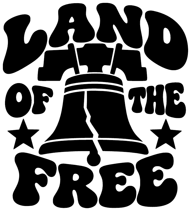 Black "LAND OF THE FREE" vinyl decal design with bell and star shapes on white