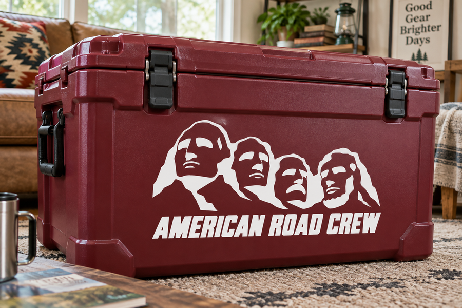 Vinyl decal: four faces with "AMERICAN ROAD CREW" on a burgundy surface
