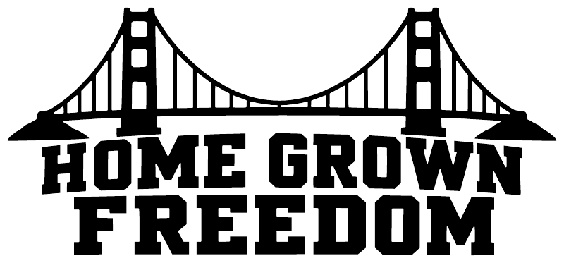 Home grown freedom bridge vinyl decal, black text and bridge outline on light background