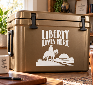 Vinyl decal with white “Liberty Lives Here” text and cowboy riding horse silhouette