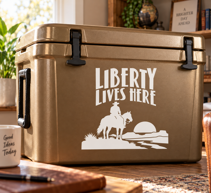 Vinyl decal with white “Liberty Lives Here” text and cowboy riding horse silhouette