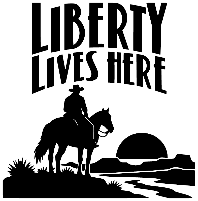 Black vinyl decal design: “LIBERTY LIVES HERE” text with cowboy on horseback silhouette