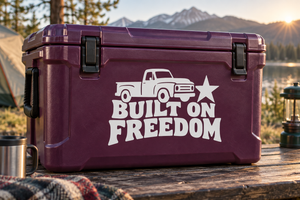 Built on Freedom vinyl decal with pickup truck, star, and “BUILT ON FREEDOM” text