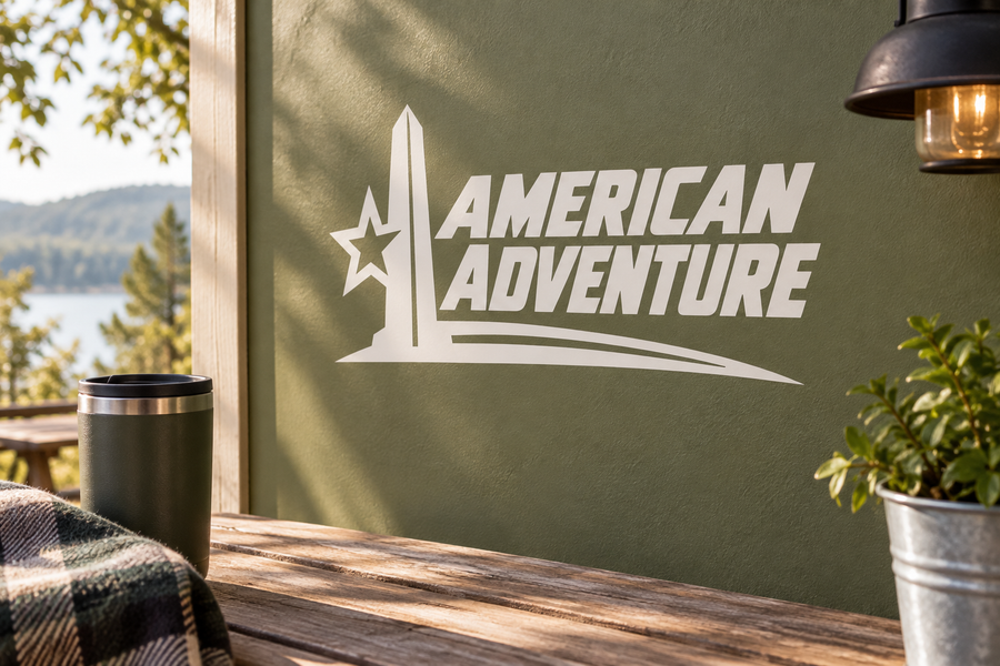 American Adventure vinyl decal with star and vertical emblem, text logo
