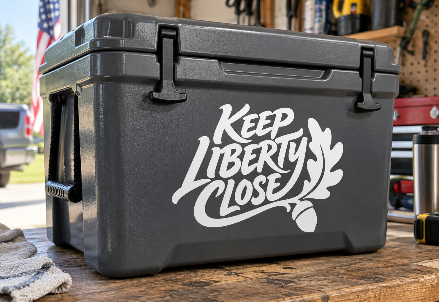 Vinyl decal with white “Keep Liberty Close” lettering on a dark surface