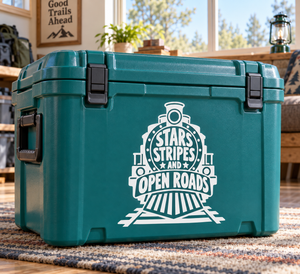 Stars, Stripes and Open Roads vinyl decal on teal suitcase