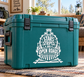 Stars, Stripes and Open Roads vinyl decal on teal suitcase