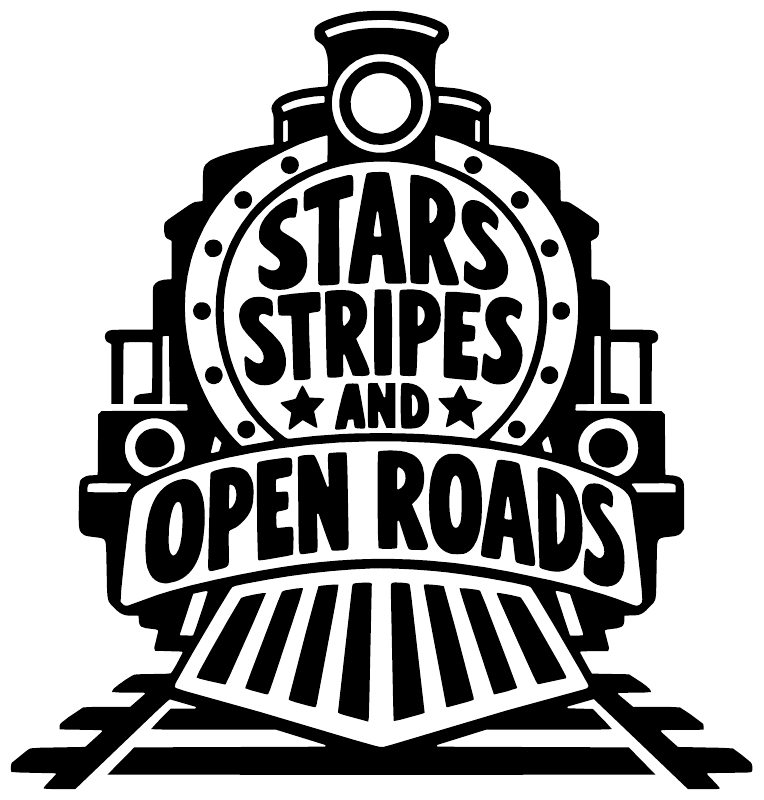 Stars, Stripes and Open Roads vinyl decal logo, white on black