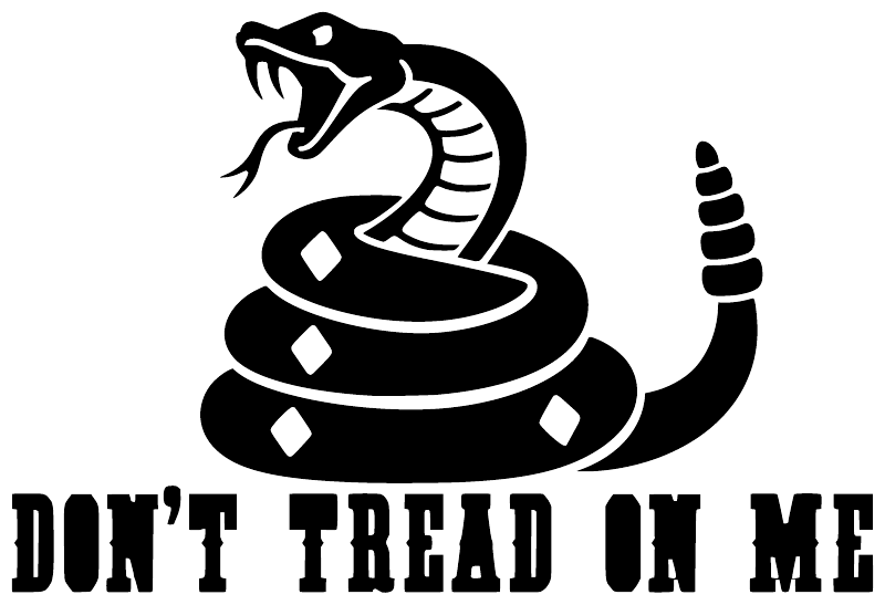 Black rattlesnake vinyl decal with “DON’T TREAD ON ME” lettering, close-up