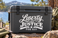 Black vinyl Liberty and Justice for All decal with white lettering and banner