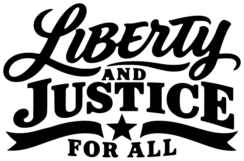 Black Liberty and Justice for All vinyl decal text with star and banner