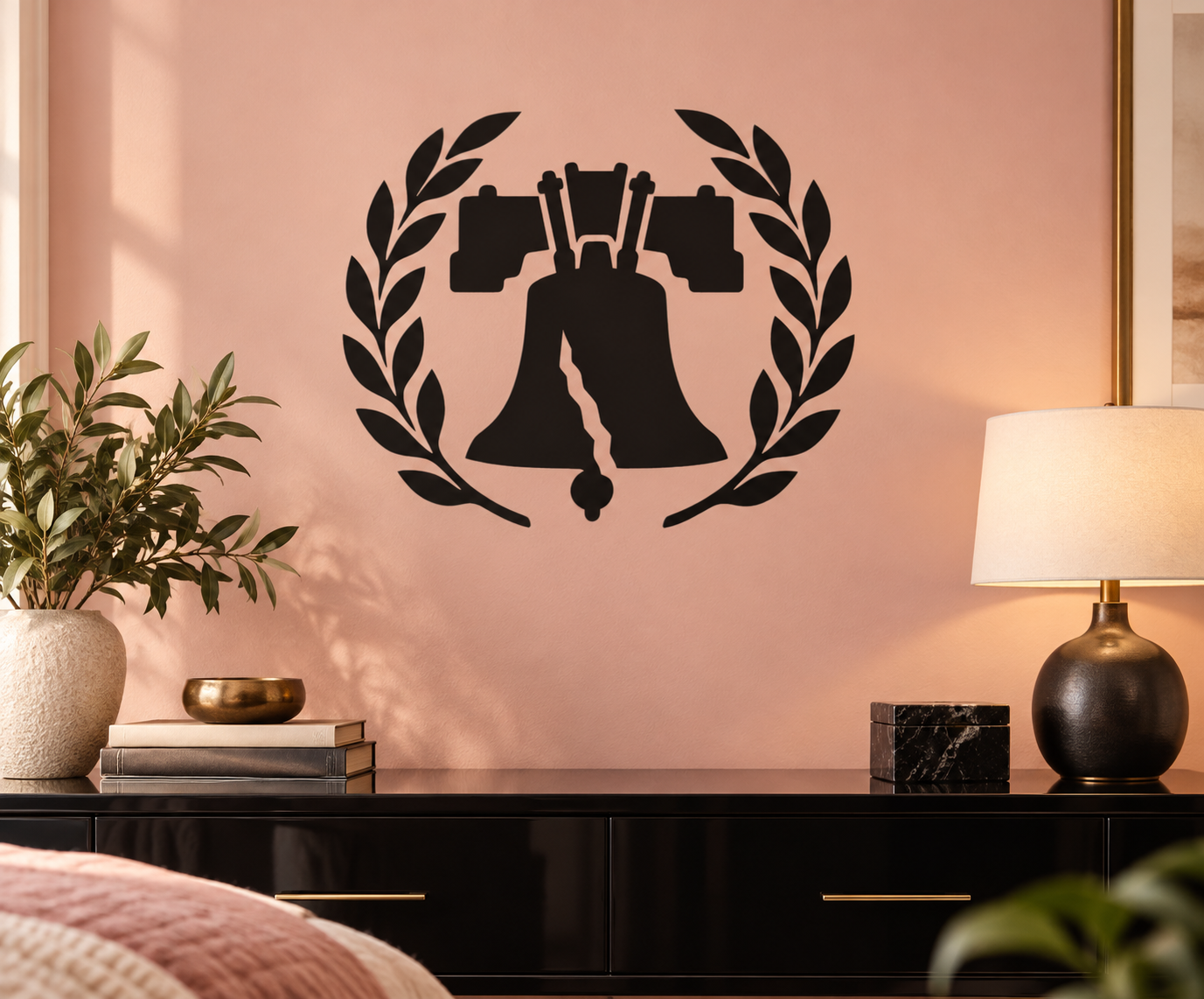 Vinyl wall decal with liberty bell silhouette inside a laurel arch, black design
