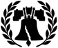 Vinyl wall decal of liberty bell and laurel arch, bold black silhouette on white