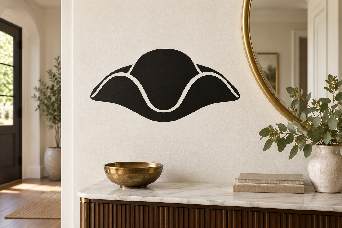 Black tricorn hat vinyl decal for wall with bold white outline