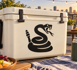 Black coiled rattlesnake silhouette vinyl decal with rattle end
