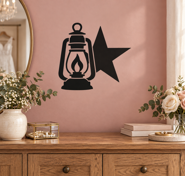 Black vinyl decal of lantern with flame and a star beside it