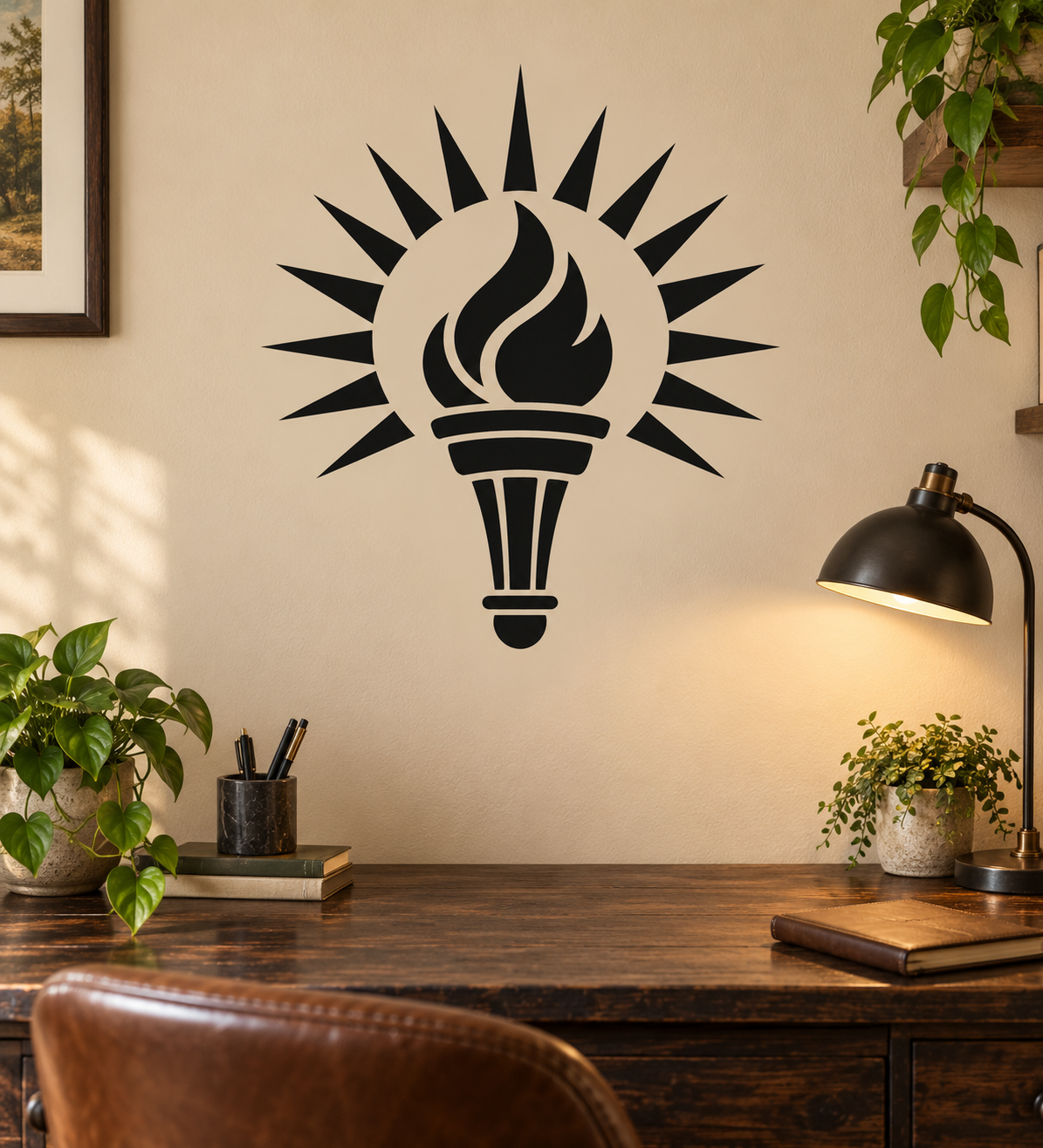 Black torch and sunburst vinyl wall decal with flame icon