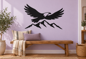 Black eagle and mountain ridge vinyl wall decal with bold silhouette