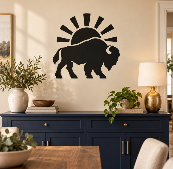 Black bison vinyl decal with white rising sun above, wall-ready sticker design