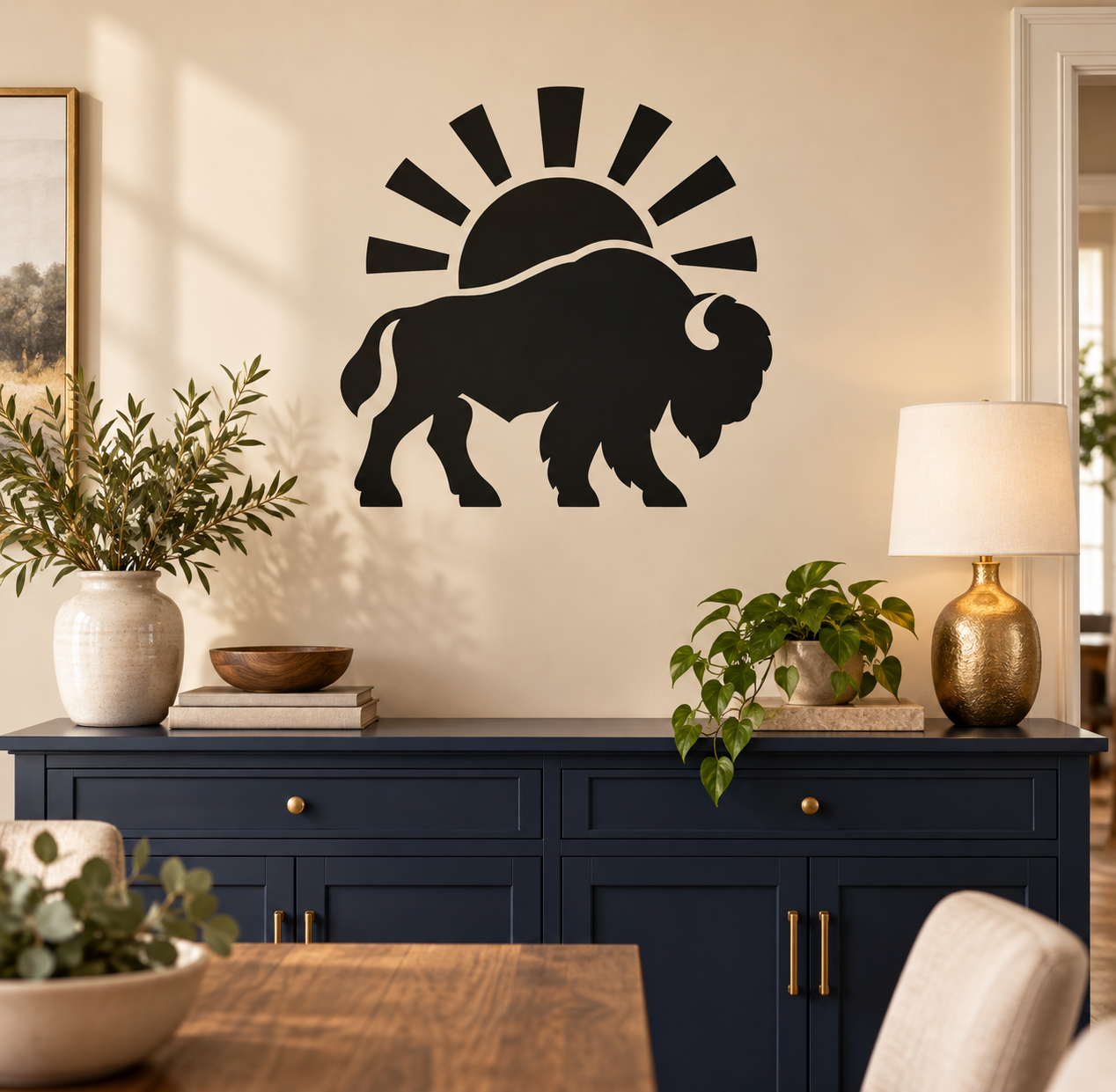 Black bison vinyl decal with white rising sun above, wall-ready sticker design