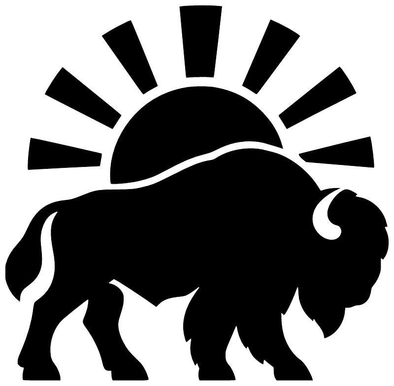 Close-up black bison silhouette vinyl decal with white rising sun rays and flame detail