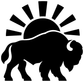 Close-up black bison silhouette vinyl decal with white rising sun rays and flame detail