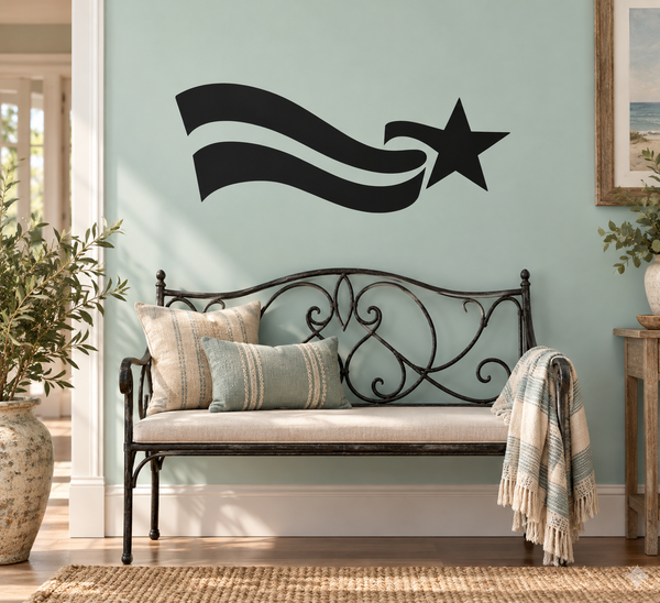 Black flag ribbon and star vinyl wall decal with waving stripe design