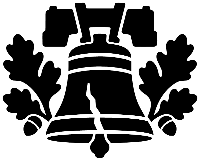 Black liberty bell and oak leaf vinyl decal centered on a white background