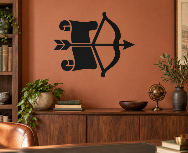 Archery and constitution scroll vinyl decal, black bow with banner and arrow