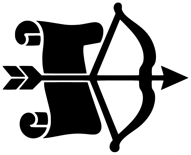 Archery bow and constitution scroll vinyl decal, bold black symbol with arrows and curls