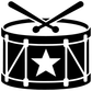 Vinyl drum and star decal close-up: black drum with white star center and X sticks