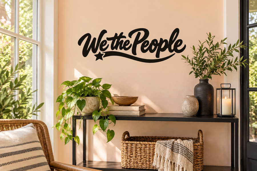 We the People vinyl decal in black script with a star accent