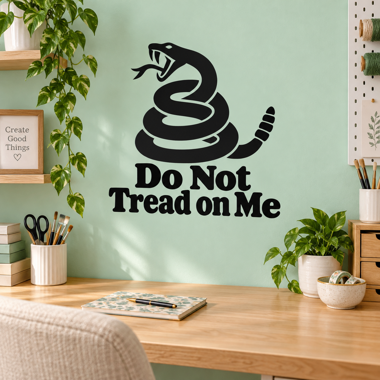 Vinyl decal: coiled snake and 'Do Not Tread on Me' lettering