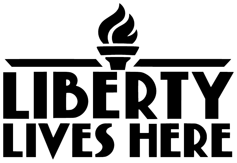 Vinyl decal with flame above 'LIBERTY LIVES HERE' in bold black block letters